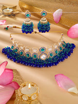 Women's Blue Green Stones Cluster Beads Diamonds Choker Necklace and Earring Set