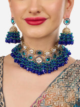 Women's Blue Green Stones Cluster Beads Diamonds Choker Necklace and Earring Set