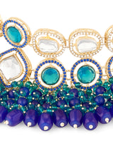Women's Blue Green Stones Cluster Beads Diamonds Choker Necklace and Earring Set