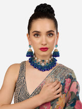 Women's Blue Green Stones Cluster Beads Diamonds Choker Necklace and Earring Set
