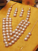 Women's Gold tone Dazzling Stones Austrian Diamonds Layered Necklace Earring & Maangtikka Set-ZPFK18226