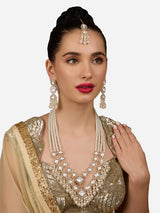 Women's Gold Tone Dazzling Stones Multistrand Beaded Bridal Layered Necklace Earring & Maangtikka Set-ZPFK18242