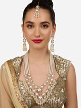Women's Gold Tone Dazzling Stones Multistrand Beaded Bridal Layered Necklace Earring & Maangtikka Set-ZPFK18242