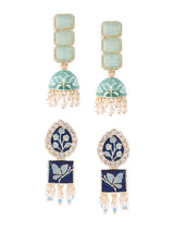 Women's Blue and Mint Green Meenakari Jhumki Earrings - Set of 2