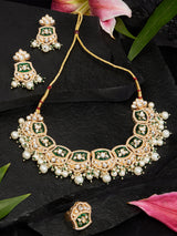 Women's Green Meenakari Dazzling Stones Beads Embellished Necklace Earring & Ring Set-ZPFK18858