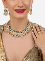 Women's Green Meenakari Dazzling Stones Beads Embellished Necklace Earring & Ring Set-ZPFK18858
