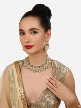Women's Green Meenakari Dazzling Stones Beads Embellished Necklace Earring & Ring Set-ZPFK18858