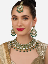 Women's Green Meenakari Dazzling Stones Beads Bridal Choker Necklace Earring and Maangtikka Set