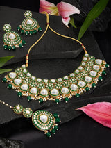 Women's Green Meenakari Dazzling Stones Beads Bridal Choker Necklace Earring and Maangtikka Set