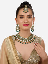 Women's Green Meenakari Dazzling Stones Beads Bridal Choker Necklace Earring and Maangtikka Set