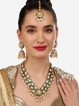 Women's Green Meenakari Dazzling Stones Beads Bridal Necklace Earring and Maangtikka Set