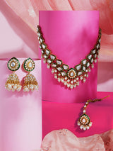 Women's Green Meenakari Dazzling Stones Beads Bridal Necklace Earring and Maangtikka Set