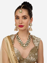 Women's Green Meenakari Dazzling Stones Beads Bridal Necklace Earring and Maangtikka Set