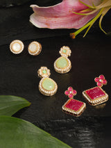 Women's Combo of 3 Rani Pink & Green Stones Embellished Minimal Studs & Drop Earrings-ZPFK18901