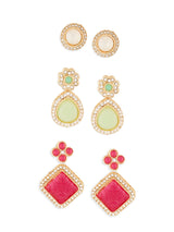 Women's Combo of 3 Rani Pink & Green Stones Embellished Minimal Studs & Drop Earrings-ZPFK18901