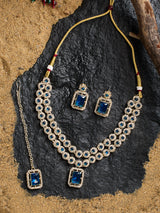 Women's Blue Stones Dazzling Austrian Diamonds Layered Necklace Earring & Maangtikka Set