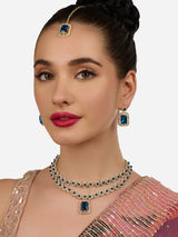 Women's Blue Stones Dazzling Austrian Diamonds Layered Necklace Earring & Maangtikka Set