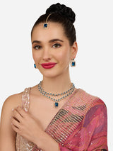 Women's Blue Stones Dazzling Austrian Diamonds Layered Necklace Earring & Maangtikka Set