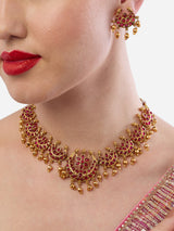 Women's Pink Stones Embellished Crescent Ethnic Beads Drop Necklace & Earring Set-ZPFK18917