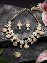 Women's Multicolor Stones Embellished Ethnic Necklace Earring & Ring Set-ZPFK18930