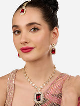 Women's Combo of 2 Red & Green Stones Austrian Diamonds Necklaces Earrings & Maangtikka Set-ZPFK18940