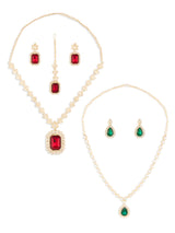 Women's Combo of 2 Red & Green Stones Austrian Diamonds Necklaces Earrings & Maangtikka Set-ZPFK18940