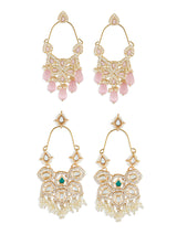 Women's Combo of 2 Pink Green Stones Austrian Diamonds Dangler Earrings-ZPFK18947