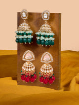 Women's Multicolor Stones Cluster Beads Drop Statement Jhumki Earrings - Set of 2
