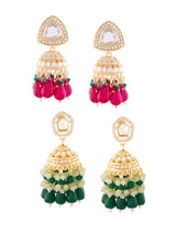 Women's Multicolor Stones Cluster Beads Drop Statement Jhumki Earrings - Set of 2