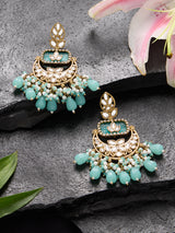 Women's Turquoise Stone Clustered Beads Drop Statement Kundan Chandbali Earring-ZPFK18956