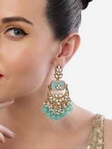 Women's Turquoise Stone Clustered Beads Drop Statement Kundan Chandbali Earring-ZPFK18956