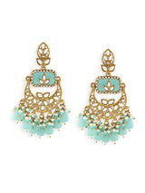 Women's Turquoise Stone Clustered Beads Drop Statement Kundan Chandbali Earring-ZPFK18956