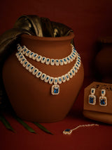 Women's Dazzling Blue Stones Austrian Diamonds Layered Necklace Earring & Maangtikka Set