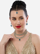 Women's Dazzling Blue Stones Austrian Diamonds Layered Necklace Earring & Maangtikka Set