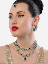 Women's Dazzling Blue Stones Austrian Diamonds Layered Necklace Earring & Maangtikka Set