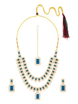 Women's Dazzling Blue Stones Austrian Diamonds Layered Necklace Earring & Maangtikka Set