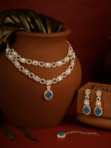 Women's Dazzling Blue Stones Austrian Diamonds Layered Necklace Earring & Maangtikka Set