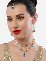Women's Dazzling Blue Stones Austrian Diamonds Layered Necklace Earring & Maangtikka Set