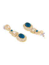 Women's Dazzling Blue Stones Austrian Diamonds Layered Necklace Earring & Maangtikka Set