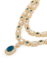 Women's Dazzling Blue Stones Austrian Diamonds Layered Necklace Earring & Maangtikka Set