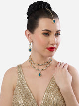 Women's Dazzling Blue Stones Austrian Diamonds Layered Necklace Earring & Maangtikka Set