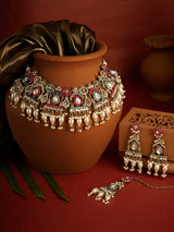 Women's Multicolor Dazzling Stones Beads Drop Necklace Earring & Maangtikka Set-ZPFK19041
