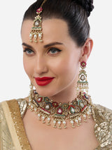 Women's Multicolor Dazzling Stones Beads Drop Necklace Earring & Maangtikka Set-ZPFK19041