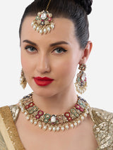Women's Multicolor Dazzling Stones Beads Drop Necklace Earring & Maangtikka Set-ZPFK19043