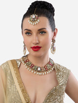 Women's Multicolor Dazzling Stones Beads Drop Necklace Earring & Maangtikka Set-ZPFK19043