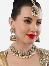 Women's Gold Tone Dazzling Stones Clustered Pearls Necklace Earring Maangtikka Set
