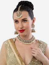 Women's Gold Tone Dazzling Stones Clustered Pearls Necklace Earring Maangtikka Set