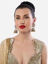 Women's Gold Tone Dazzling Stones Pearls Embellished Statement Jhumka Earring