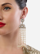Women's Gold Tone Kundan Embellished Beaded Chain Fringe Long Drop Earring-ZPFK19049