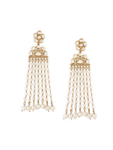 Women's Gold Tone Kundan Embellished Beaded Chain Fringe Long Drop Earring-ZPFK19049